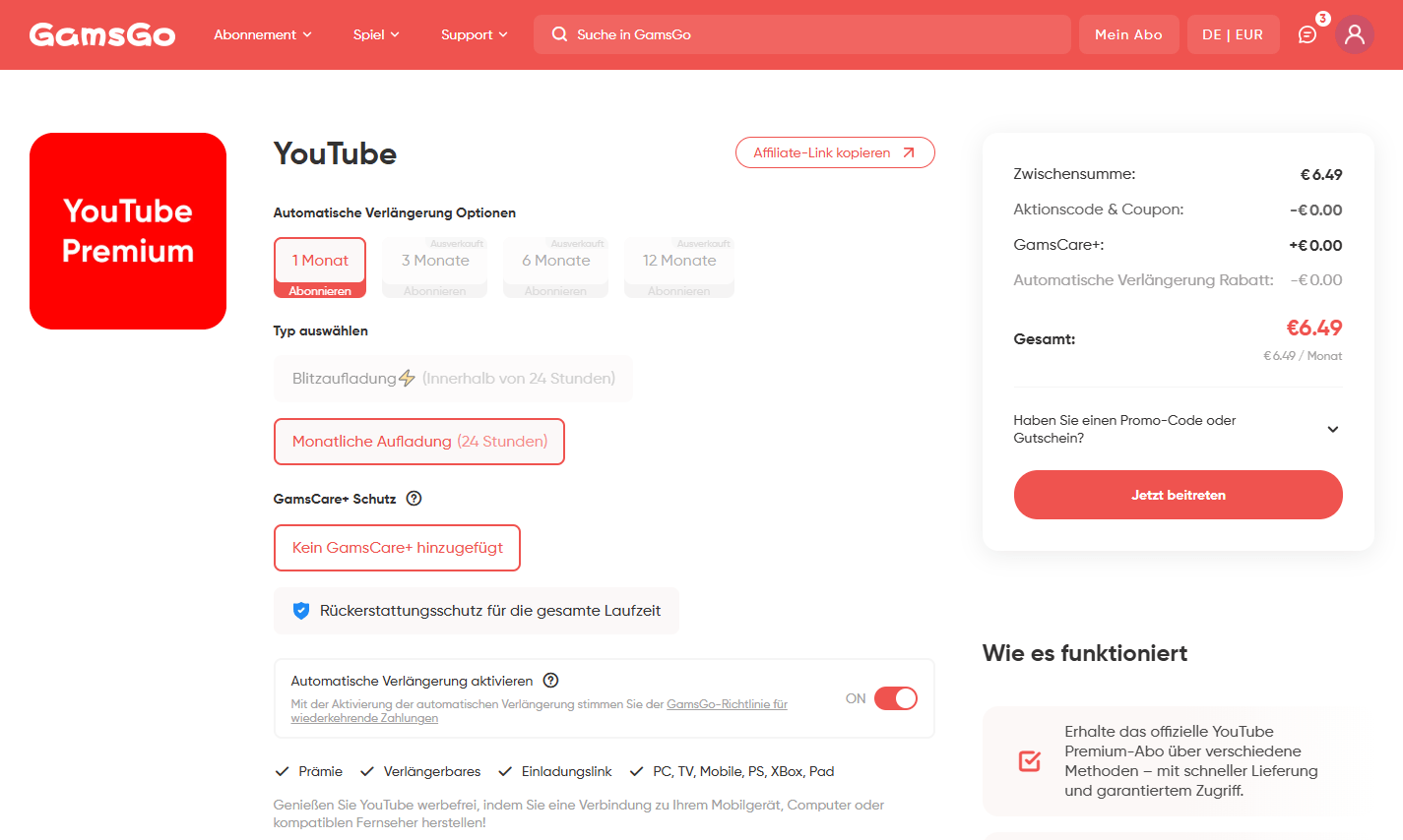 YouTube-Premium-Produktseite mit ausgewählter monatlicher Aufladung