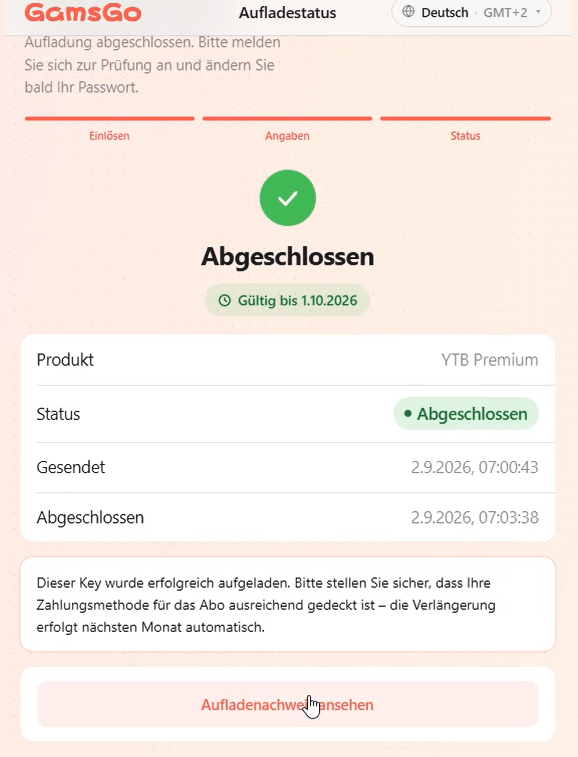 Erfolgreich abgeschlossene YouTube-Premium-Aufladung bei GamsGo