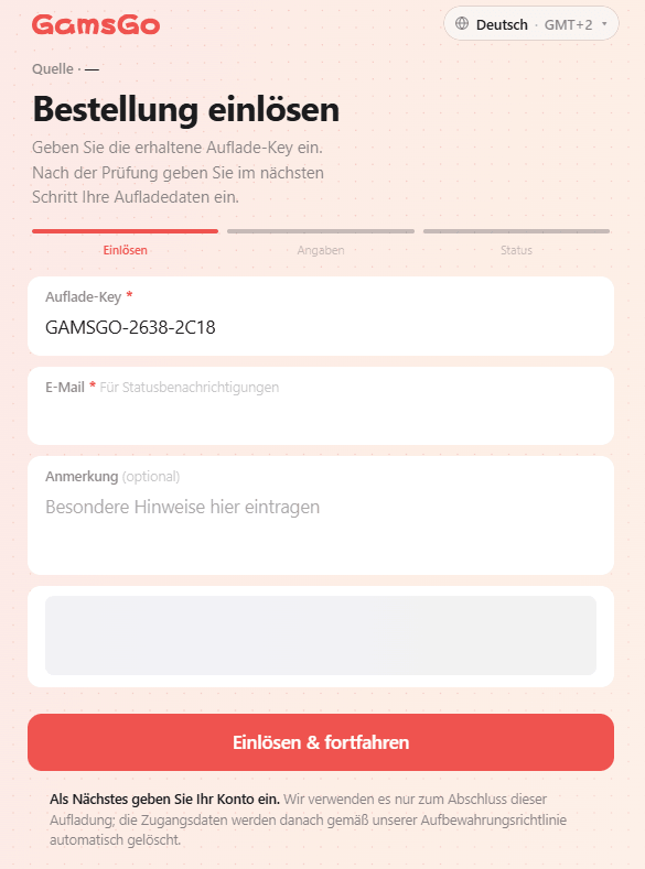 GamsGo-Seite zum Einlösen des Top-up Keys