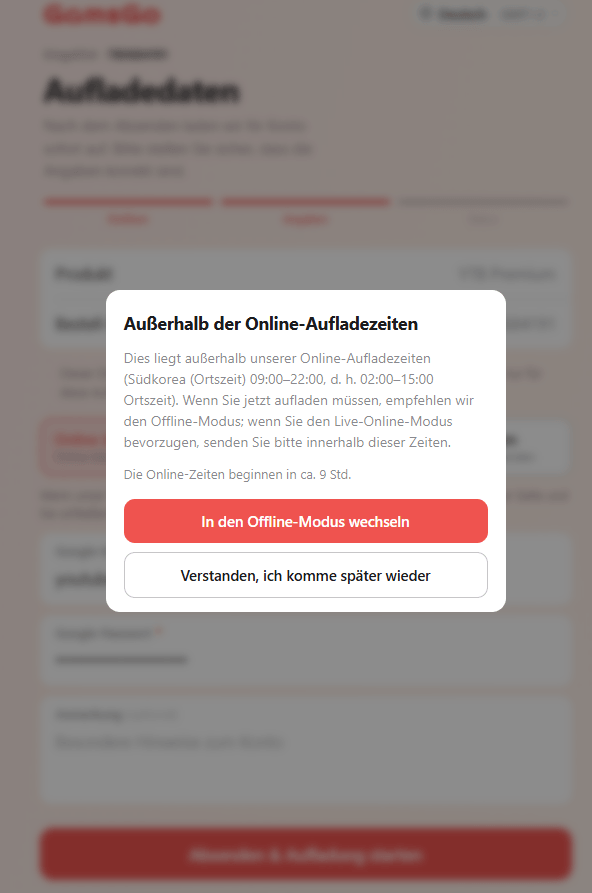 Hinweis außerhalb der Online-Aufladezeiten