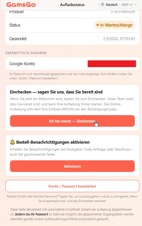 Check-in für die Online-Aufladung